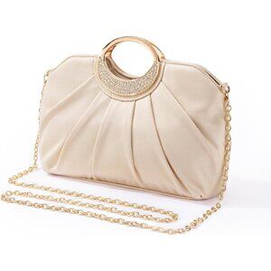 🆕Women Cream Clutch Purse Formal Soft Pleated Fabric Evening Bag Dressy Handbag